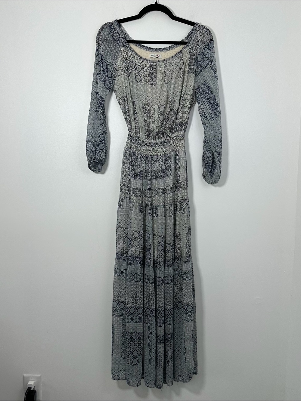 Abercrombie Women’s XS Blue Cream Boho Print Maxi Dress Long Sleeve Boho